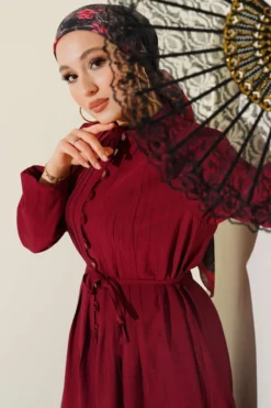 Buttoned Dress with Ribbed Front Burgundy en gros dress view 2 - Hicabistan usine Turquie