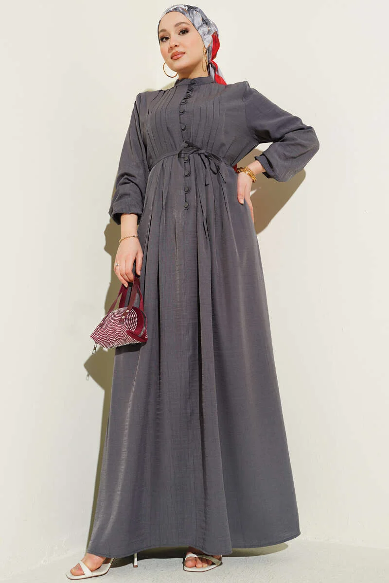 Buttoned Dress with Ribbed Front Großhandel dress - Hicabistan Türkei Fabrik
