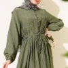 Buttoned Dress with Ribbed Front Khaki Großhandel dress view 2 - Hicabistan Türkei Fabrik