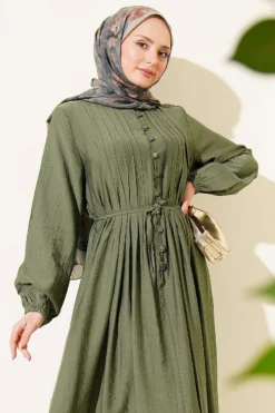 Buttoned Dress with Ribbed Front Khaki en gros dress view 2 - Hicabistan usine Turquie