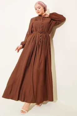 Buttoned Dress with Ribbed Front Brown en gros dress view 2 - Hicabistan usine Turquie