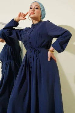 Buttoned Dress with Ribbed Front Navy Blue en gros dress view 2 - Hicabistan usine Turquie