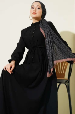 Buttoned Dress with Ribbed Front Black en gros dress view 2 - Hicabistan usine Turquie