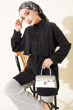 Shirt with Front Cape and Tie Belt Black