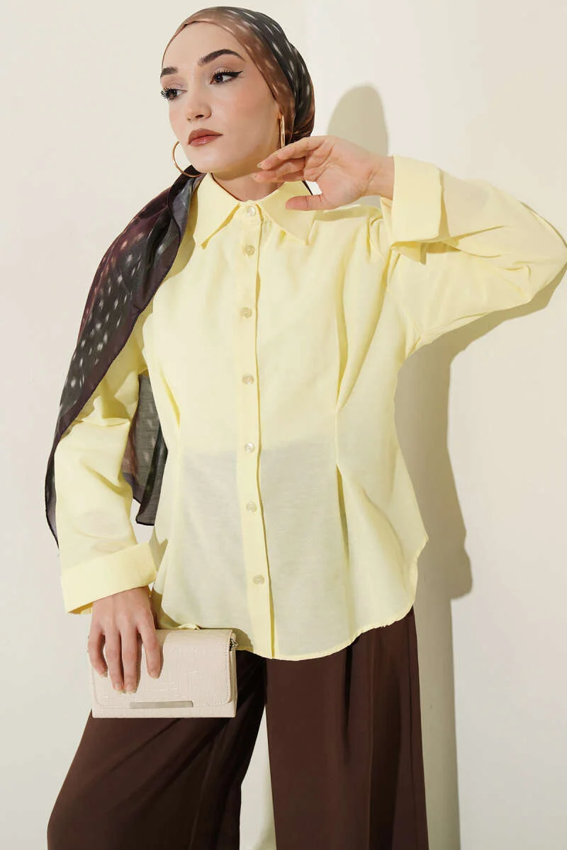 Short Shirt with Front Pleat Detail Yellow wholesale shirt - Hicabistan Turkey factory