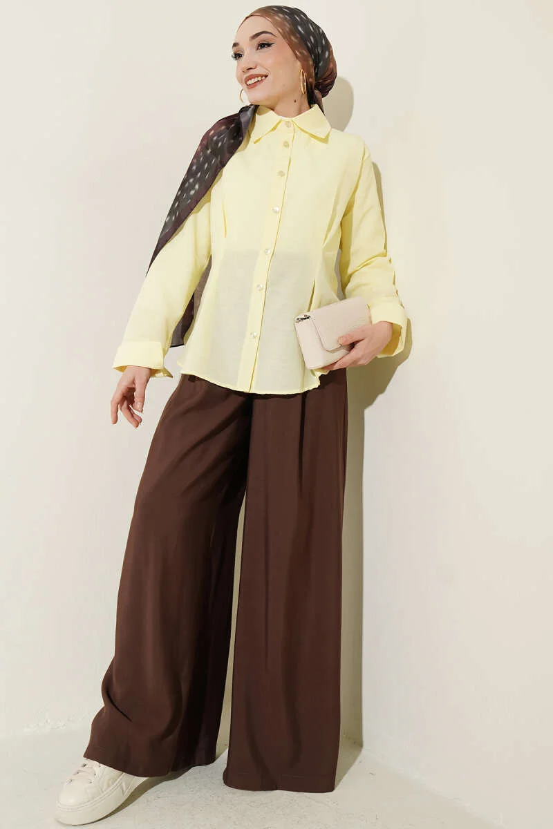 Short Shirt with Front Pleat Detail Yellow wholesale shirt view 2 - Hicabistan Turkey factory