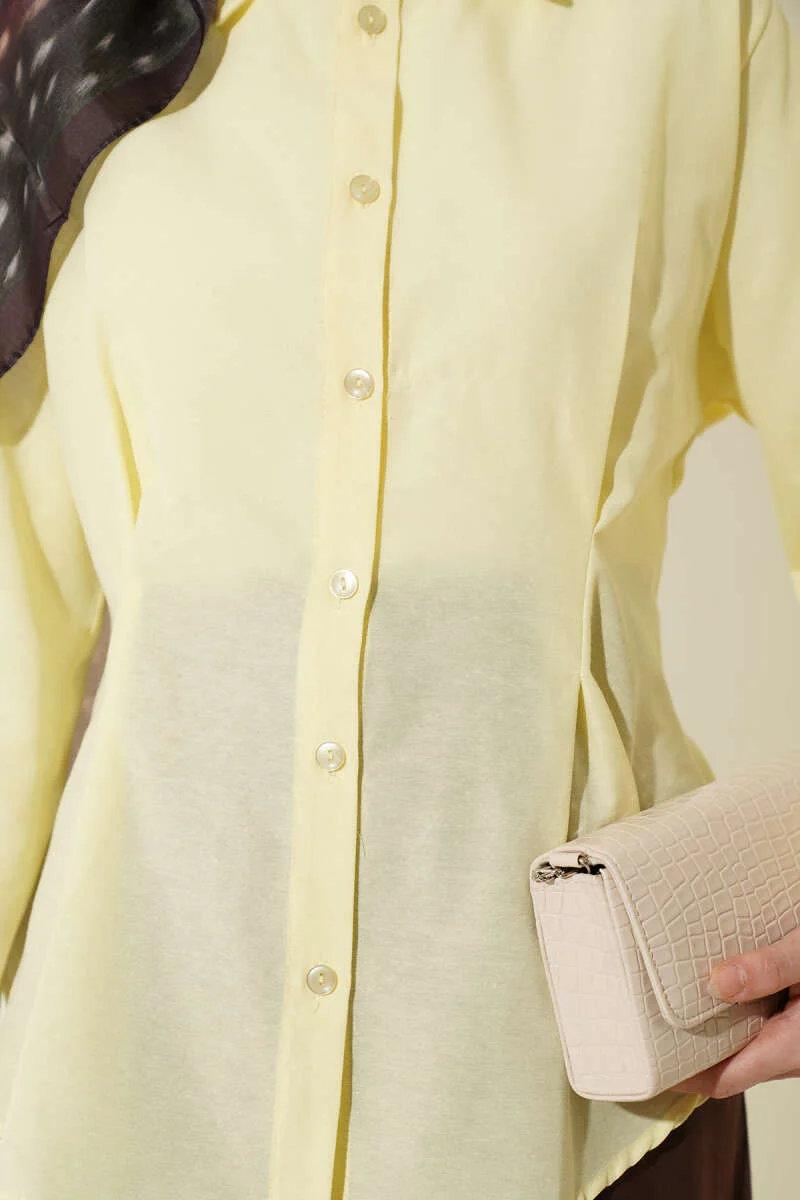 Short Shirt with Front Pleat Detail Yellow wholesale shirt view 4 - Hicabistan Turkey factory