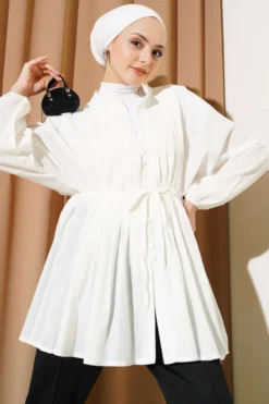 Front Pleated Cotton Voile Shirt Ecru