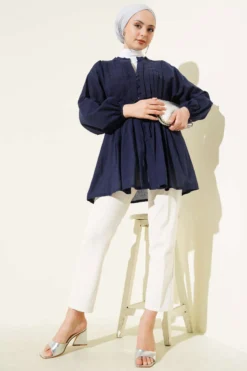 Alternative view of Front Pleated Cotton Voile Shirt Navy Blue