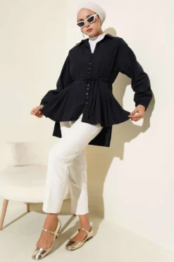 Pleated Front Buttoned Shirt Navy Blue wholesale shirt view 2 - Hicabistan Turkey factory