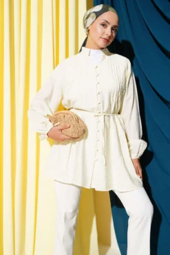 Pleated Button-Up Shirt Yellow wholesale shirt - Hicabistan Turkey factory
