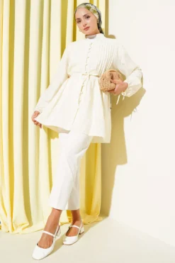 Pleated Button-Up Shirt Yellow wholesale shirt view 2 - Hicabistan Turkey factory