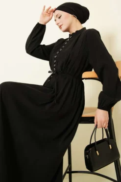 Pleated Button Front Modal Dress Black wholesale dress - Hicabistan Turkey factory