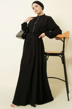 Pleated Button Front Modal Dress Black wholesale dress view 2 - Hicabistan Turkey factory