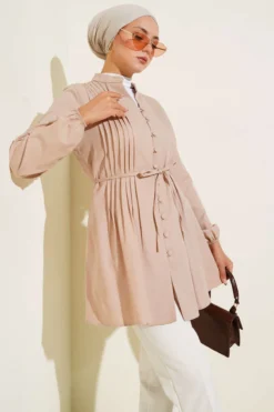 Pleated Front Terikoton Shirt Beige