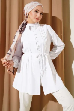 Pleated Front Terikoton Shirt White