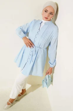 Pleated Front Terikoton Shirt Blue