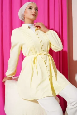 Pleated Front Terikoton Shirt Yellow