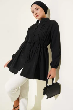 Pleated Front Terikoton Shirt Black