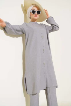 Alternative view of Long Tunic Set with Front Stone Details Grey