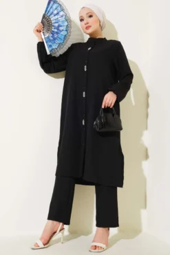 Alternative view of Long Tunic Set with Front Stone Details Black