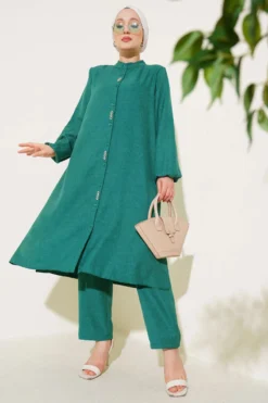 Long Tunic Set with Front Stone Details Emerald