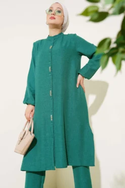 Alternative view of Long Tunic Set with Front Stone Details Emerald