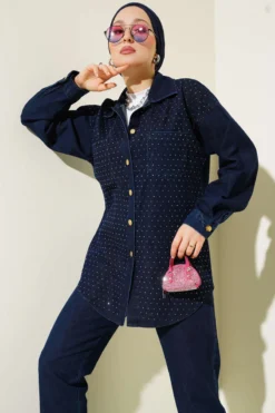 Alternative view of Stone Embellished Gold Button Denim Two-Piece Set Navy Blue