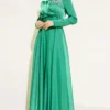Embellished Satin Evening Dress with Belt بالجملة dress - Hicabistan مصنع تركيا