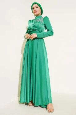 Embellished Satin Evening Dress with Belt en gros dress - Hicabistan usine Turquie