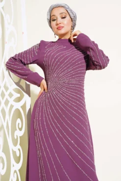 Dress with Stone Embellishments on the Front and Sleeves Stone al por mayor dress view 2 - Hicabistan fábrica Turquía
