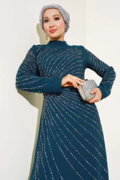 Dress with Stone Embellishments on the Front and Sleeves Petrol al por mayor dress view 2 - Hicabistan fábrica Turquía
