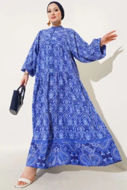 Half Buttoned Patterned Midi Dress Navy Blue