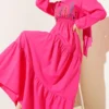 Embroidered Tiered Dress with Elastic Waist Fuchsia