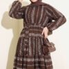 Embroidered Detail Lace-Up Dress Brown بالجملة dress view 2 - Hicabistan مصنع تركيا