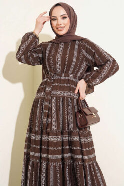 Embroidered Detail Lace-Up Dress Brown all'ingrosso dress view 2 - Hicabistan fabbrica Turchia