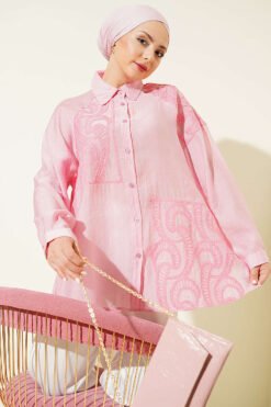 Embroidered Detail Shirt Pink groothandel shirt - Hicabistan Turkije fabriek