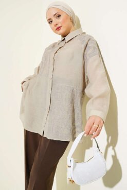 Embroidered Detail Shirt Stone groothandel shirt - Hicabistan Turkije fabriek