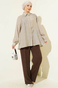 Embroidered Detail Shirt Stone groothandel shirt view 2 - Hicabistan Turkije fabriek