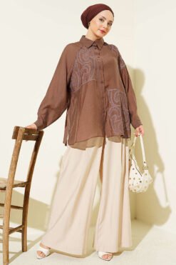 Embroidered Detail Shirt Brown groothandel shirt view 2 - Hicabistan Turkije fabriek