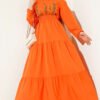 Embroidered Tiered Dress with Elastic Waist Orange بالجملة dress - Hicabistan مصنع تركيا