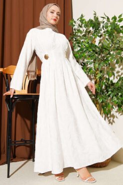 Embroidered Waist Belt Dress with Gold Accessories Ecru