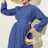 Embroidered Waist Belt Dress with Gold Accessories Indigo بالجملة dress view 2 - Hicabistan مصنع تركيا
