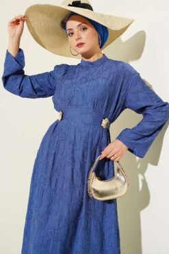 Embroidered Waist Belt Dress with Gold Accessories Indigo wholesale dress view 2 - Hicabistan Turkey factory