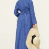 Embroidered Waist Belt Dress with Gold Accessories Indigo بالجملة dress view 3 - Hicabistan مصنع تركيا