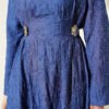 Embroidered Waist Belt Dress with Gold Accessories Indigo بالجملة dress view 4 - Hicabistan مصنع تركيا