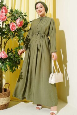 Ribbed Half Brit Button Dress Khaki