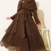 Shoulder Shawl Detailed Skirted Two-Piece Set Brown بالجملة clothing set - Hicabistan مصنع تركيا