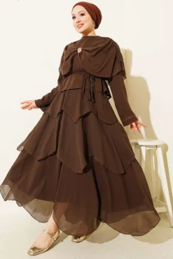 Shoulder Shawl Detailed Skirted Two-Piece Set Brown