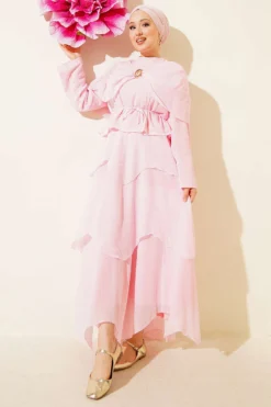 Shoulder Shawl Detailed Skirted Two-Piece Set Pink